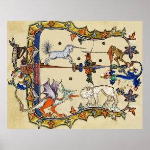 POSTER BESTIAIRE MÉDIÉVAL LARGE, UNICORN COMBATTRE LUNETT