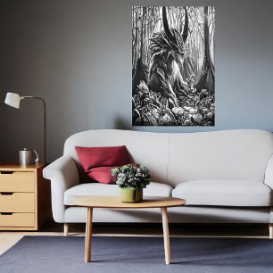 Poster bête d'art noir et blanc dans la forêt   Art AI