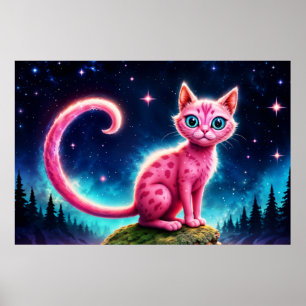 Poster Bête imaginaire rose dans la vallée étoilée noctur