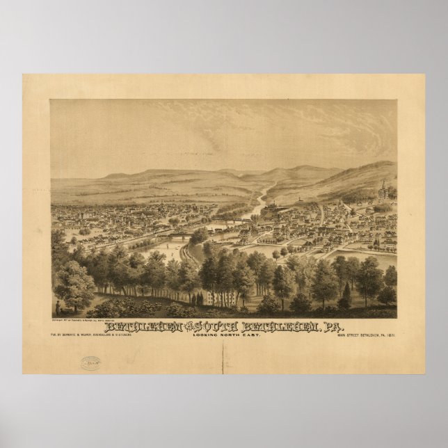 Poster Bethlehem Pennsylvanie 1877 Carte panoramique anti (Devant)