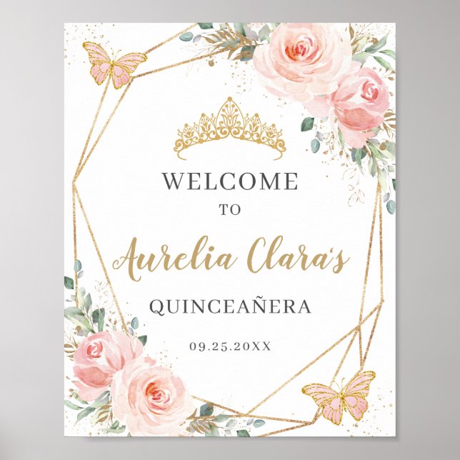 Poster Beurre floral bleu Quinceanera Anniversaire (Devant)