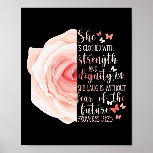 Poster Bible chrétienne vers proverbes 31:25 Fleur Rose (Devant)