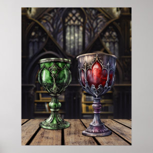 Poster Bibliothèque médiévale gothique verte rouge Goblet