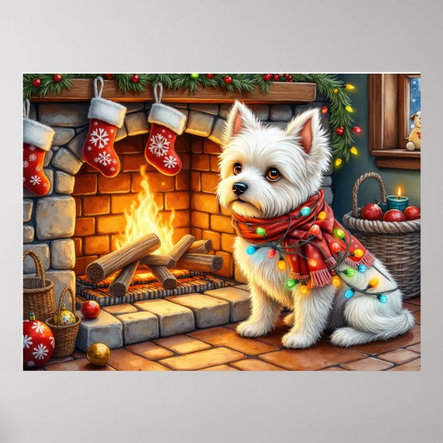 Poster Bichon Frise Cheminée avec Lumières de Noël (Devant)
