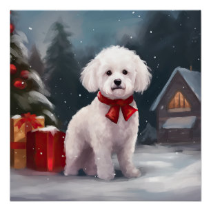Poster Bichon Frise Dog à Noël de neige