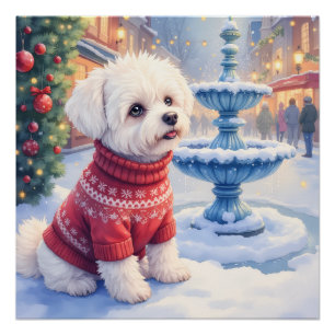 Poster Bichon Frise festive fontaine à Noël aquarelle