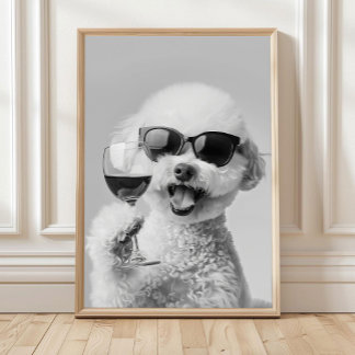 Poster Bichon Frise tenant du vin - Œuvre murale, Noir et