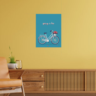 Poster Bicycle blanc Fleurs roses Arrière - plan bleu