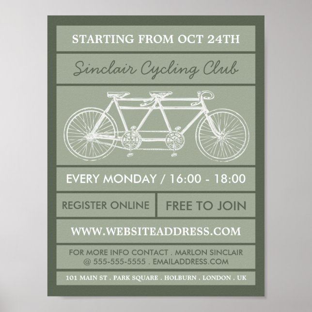 Poster Bicyclette en tandem, Club de cyclisme publicité (Devant)