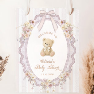 Poster Bienvenue à la Baby Shower à l'ours en peluche vin