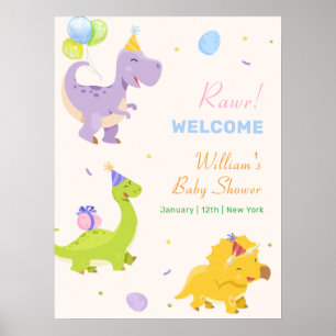 Poster Bienvenue à la Baby Shower au Ballon de Dinosaure