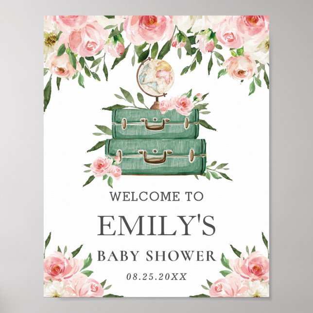 Poster Bienvenue à la Baby Shower Aventure Florale Rose (Devant)