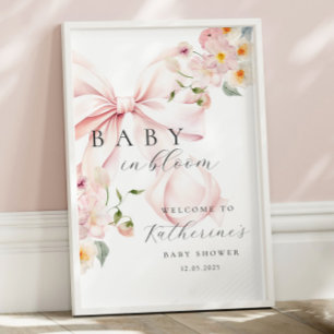 Poster Bienvenue à la Baby Shower Bébé en Fleur Ruban Ros
