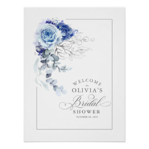 Poster Bienvenue à la Baby Shower Bleu Poussiéreux et Arg