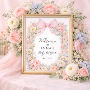 Poster Bienvenue à la Baby Shower Coquette Florale Ruban