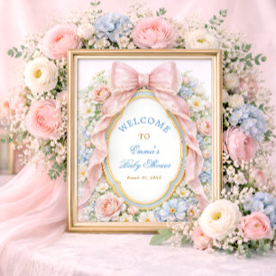 Poster Bienvenue à la baby shower Coquette Girly Rose Bow