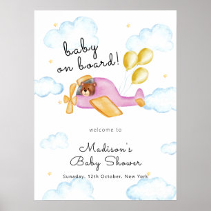 Poster Bienvenue à la Baby Shower de l'avion ballon ours