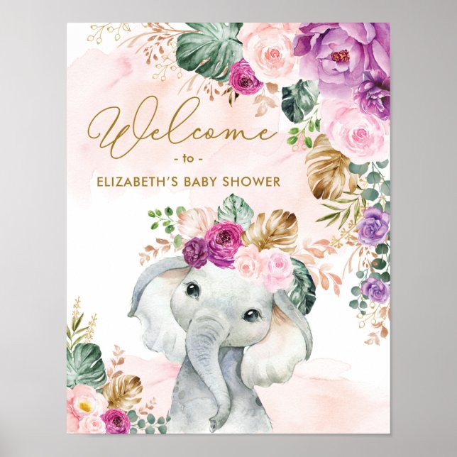 Poster Bienvenue à la Baby Shower de l'Éléphant Floral Tr (Devant)