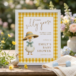 Poster Bienvenue à la Baby Shower de l'oie jaune à carrea
