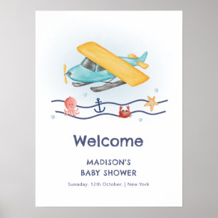 Poster Bienvenue à la Baby Shower d'été Voyage Mer Avion