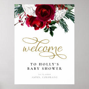 Poster Bienvenue à la Baby Shower d'Hiver Florale Burgund