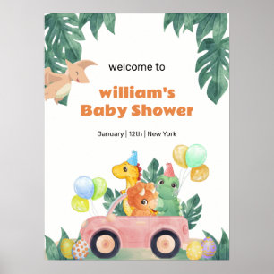Poster Bienvenue à la Baby Shower Dino Œuf Tropical qui É