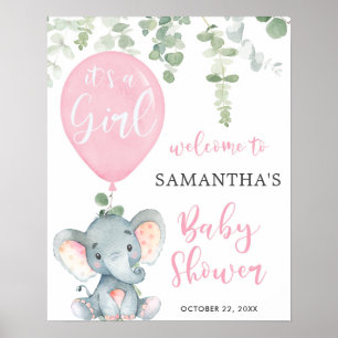 Poster Bienvenue à la baby shower fille éléphant ballon r