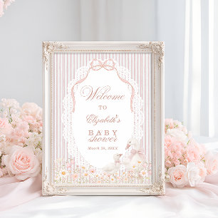 Poster Bienvenue à la Baby Shower Fleur de Dentelle Fille