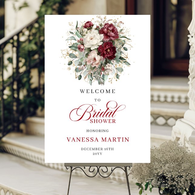 Poster Bienvenue à la Baby Shower Florale de Bourgogne (Burgundy Floral Greenery Bridal Shower Welcome)