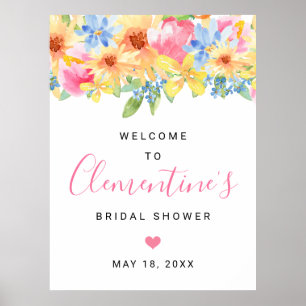 Poster Bienvenue à la Baby Shower Florale Rose et Jaune