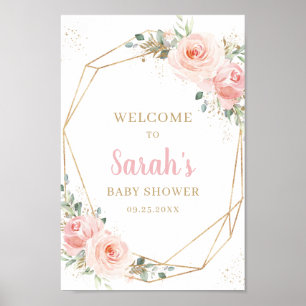 Poster Bienvenue à la Baby Shower Florale Rose Gold Géomé