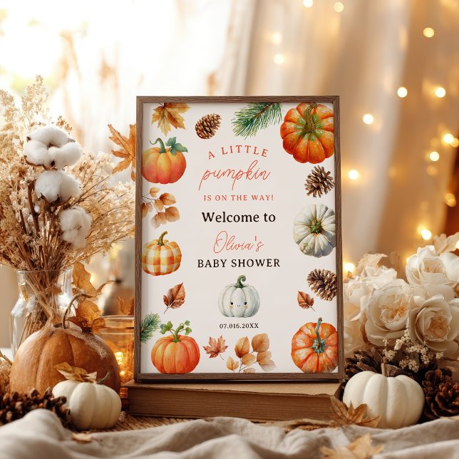 Poster Bienvenue à la baby shower Mignon Petit Citrouille (Fall Cute Little Pumpkin baby shower welcome Poster)