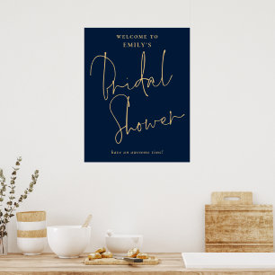 Poster Bienvenue à la Baby Shower Moderne Script Or Navy