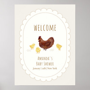 Poster Bienvenue à la Baby Shower Neutre Boho Ferme Poule