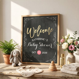 Poster Bienvenue à la Baby Shower Noir Blanc Floral Table
