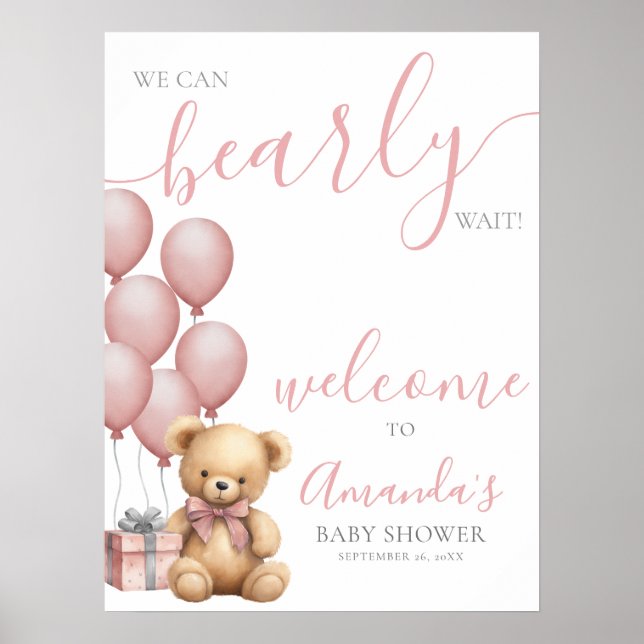 Poster Bienvenue à la Baby Shower Ourson Rose en Ballon (Devant)