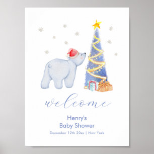 Poster Bienvenue à la Baby Shower Père Noël Hiver Ours Po