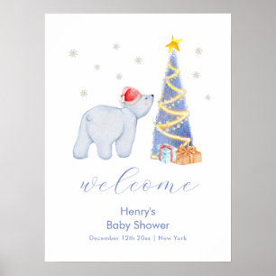 Poster Bienvenue à la Baby Shower Père Noël Hiver Ours Po