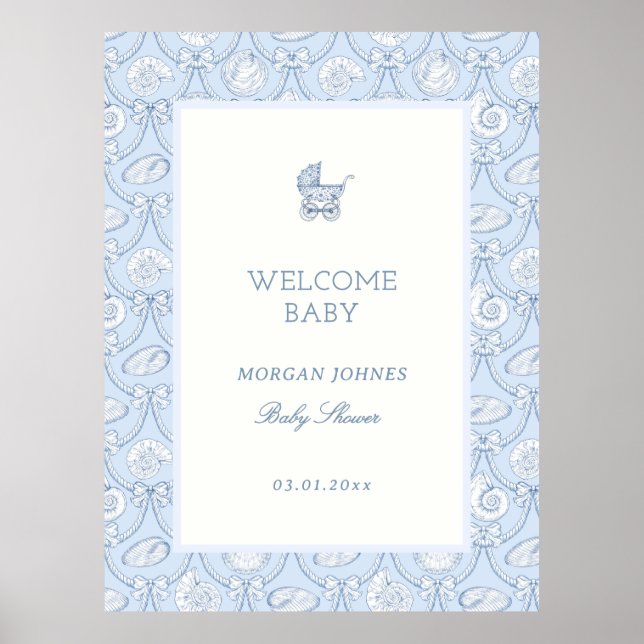 Poster Bienvenue à la Baby Shower Preppy Couquette Côtièr (Devant)
