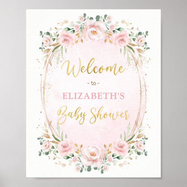 Poster Bienvenue à la Baby Shower Rose Pâle Élégante et D (Devant)