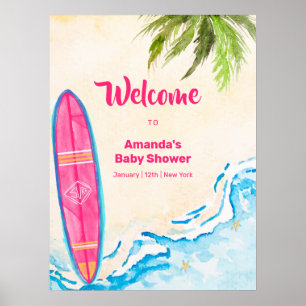 Poster Bienvenue à la Baby Shower Rose Surf de Mer Palmie