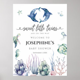 Poster Bienvenue à la Baby Shower Sea Life Twins