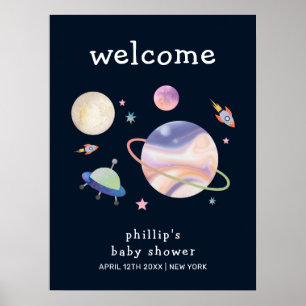 Poster Bienvenue à la Baby Shower Space Boy Galaxy Noir d