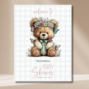 Poster Bienvenue à la Baby Shower Teddy Papillon Plaid Da