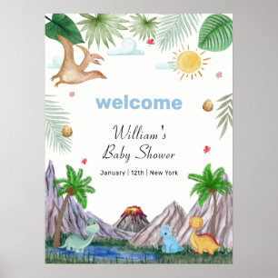 Poster Bienvenue à la Baby Shower Volcan Montagne Dino Ra