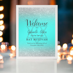 Poster Bienvenue à la Bat Mitzvah chic pailleté argent sa