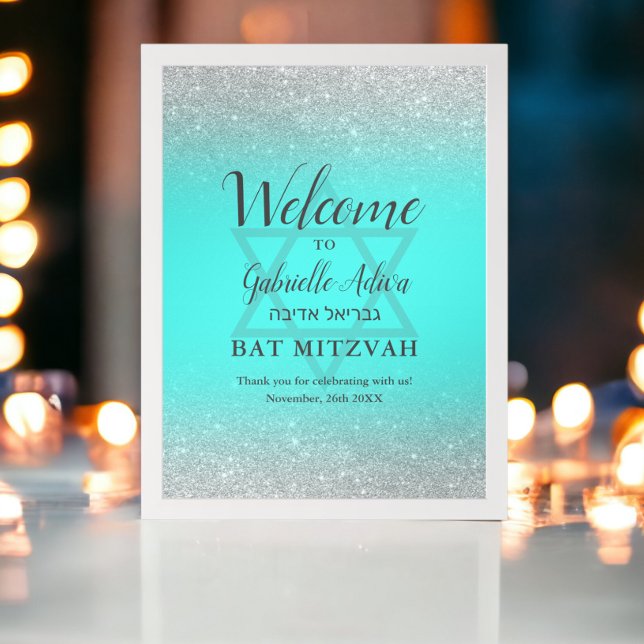 Poster Bienvenue à la Bat Mitzvah chic pailleté argent sa (Chic silver glitter teal Bat Mitzvah welcome Poster)