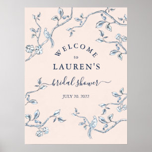 Poster Bienvenue à la douche de mariée toile de Jouy bleu