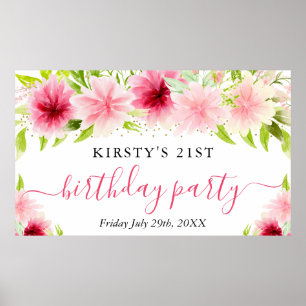Poster Bienvenue à la fête d'anniversaire aux fleurs rose