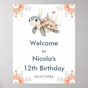 Poster Bienvenue à la fête d'anniversaire de la tortue fl